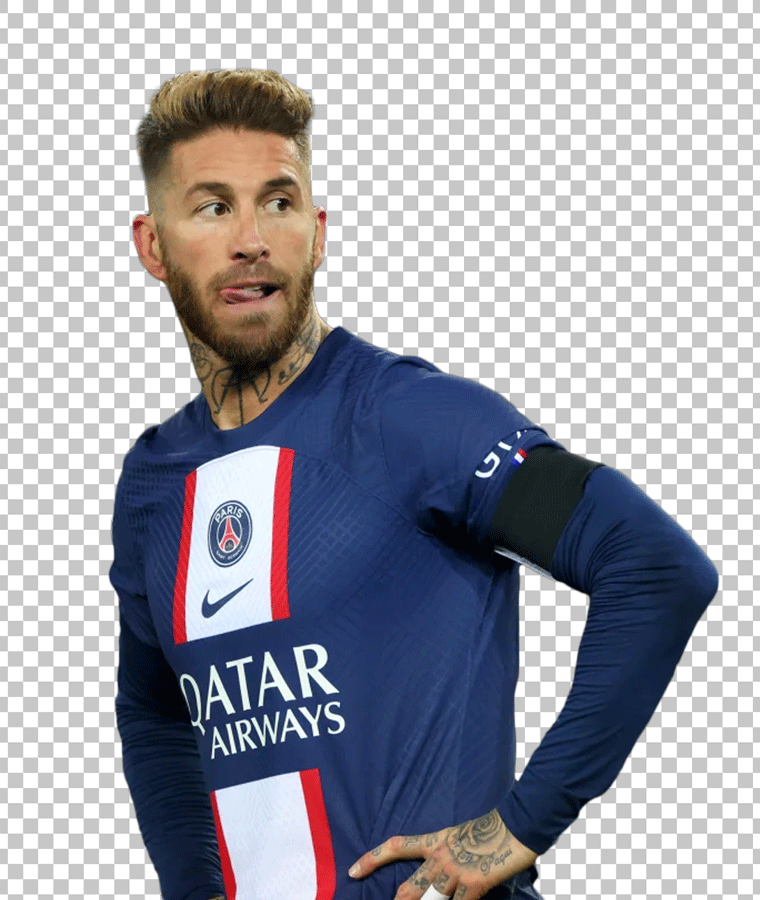Sergio Ramos in PSG jersey and looking to the side PNG Image