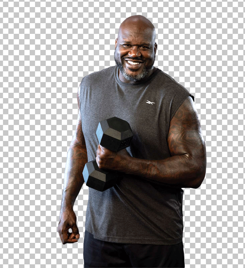 Shaquille O'Neal holding a dumbbell