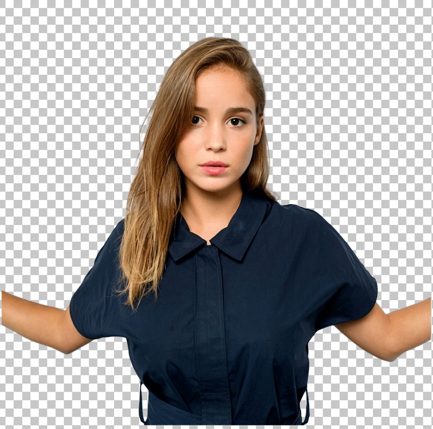 Alba Baptista in a blue shirt with her arms outstretched PNG Image