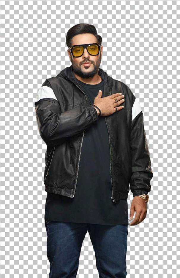 Badshah wearing a black leather jacket, black sunglasses, and a black t-shirt PNG Transparent Image