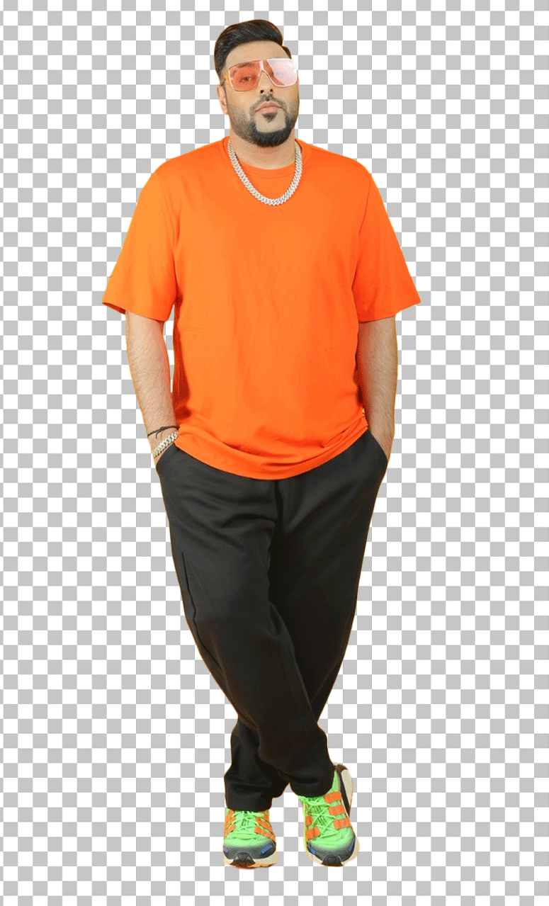 Badshah is wearing an orange shirt and black pants PNG Image