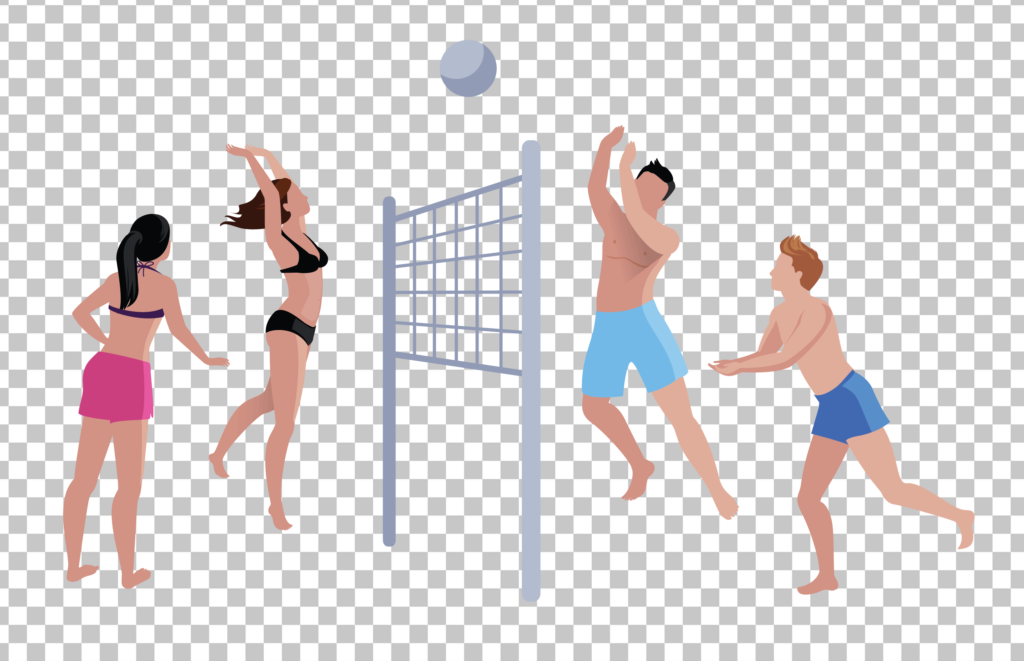 Two boys and girls are wearing swimsuits and are playing Beach volleyball.