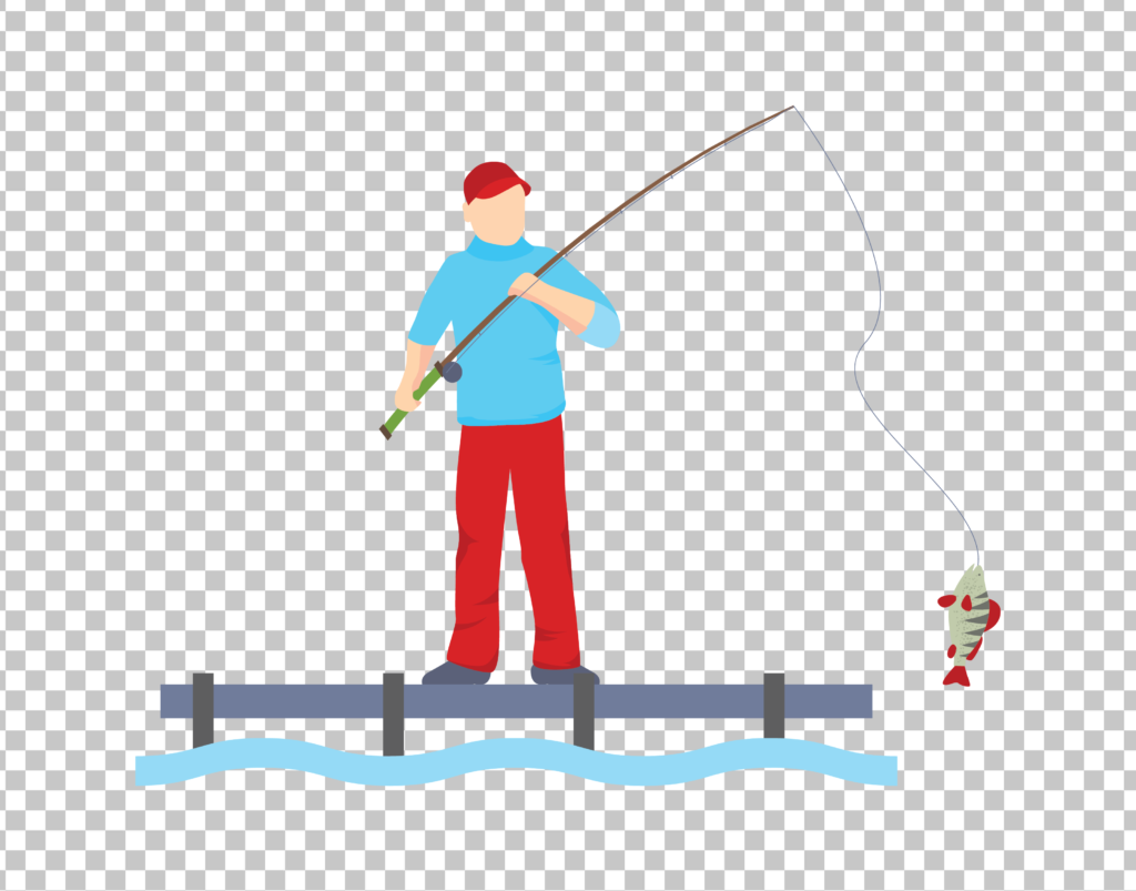A vector illustration of a man standing on a pier with a fishing rod.