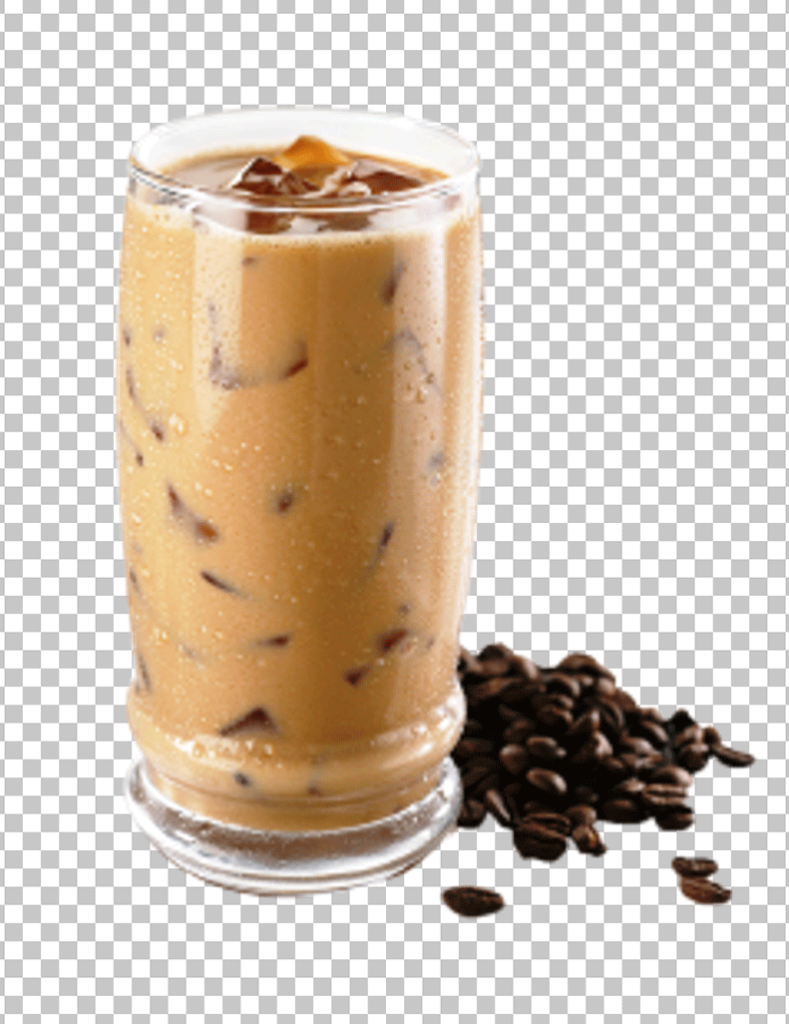 Iced Coffee with Ice Cubes and Coffee Beans PNG Image