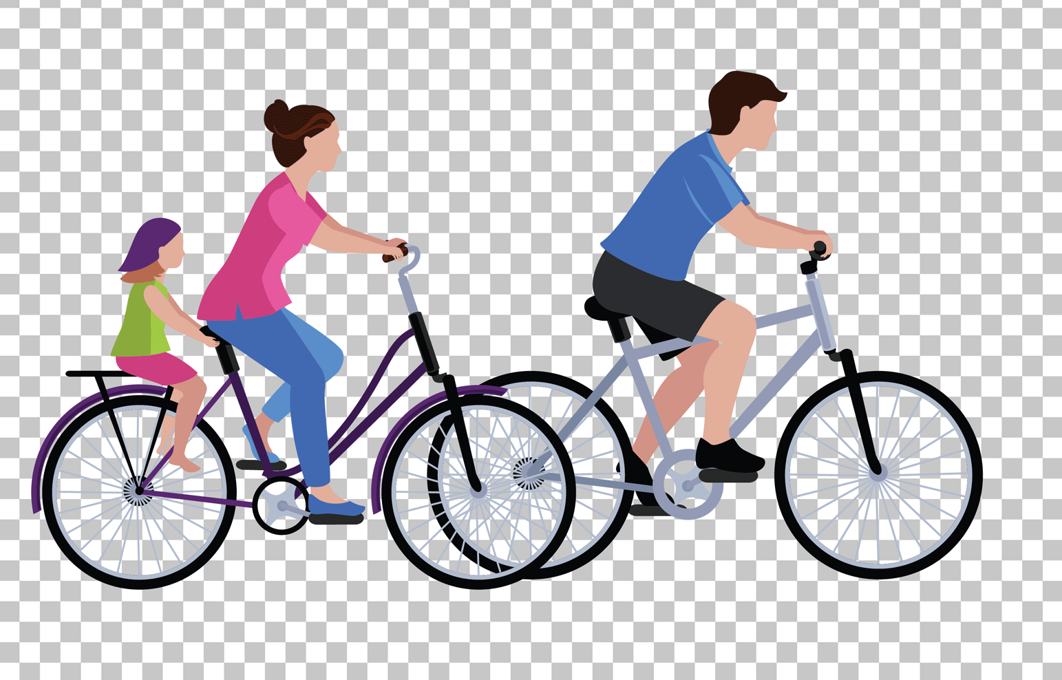 A family of three riding their bicycles together.