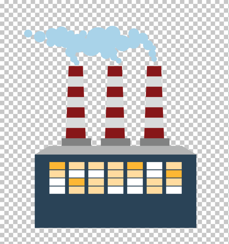 A cartoony image of a factory with several chimneys on a transparent background.