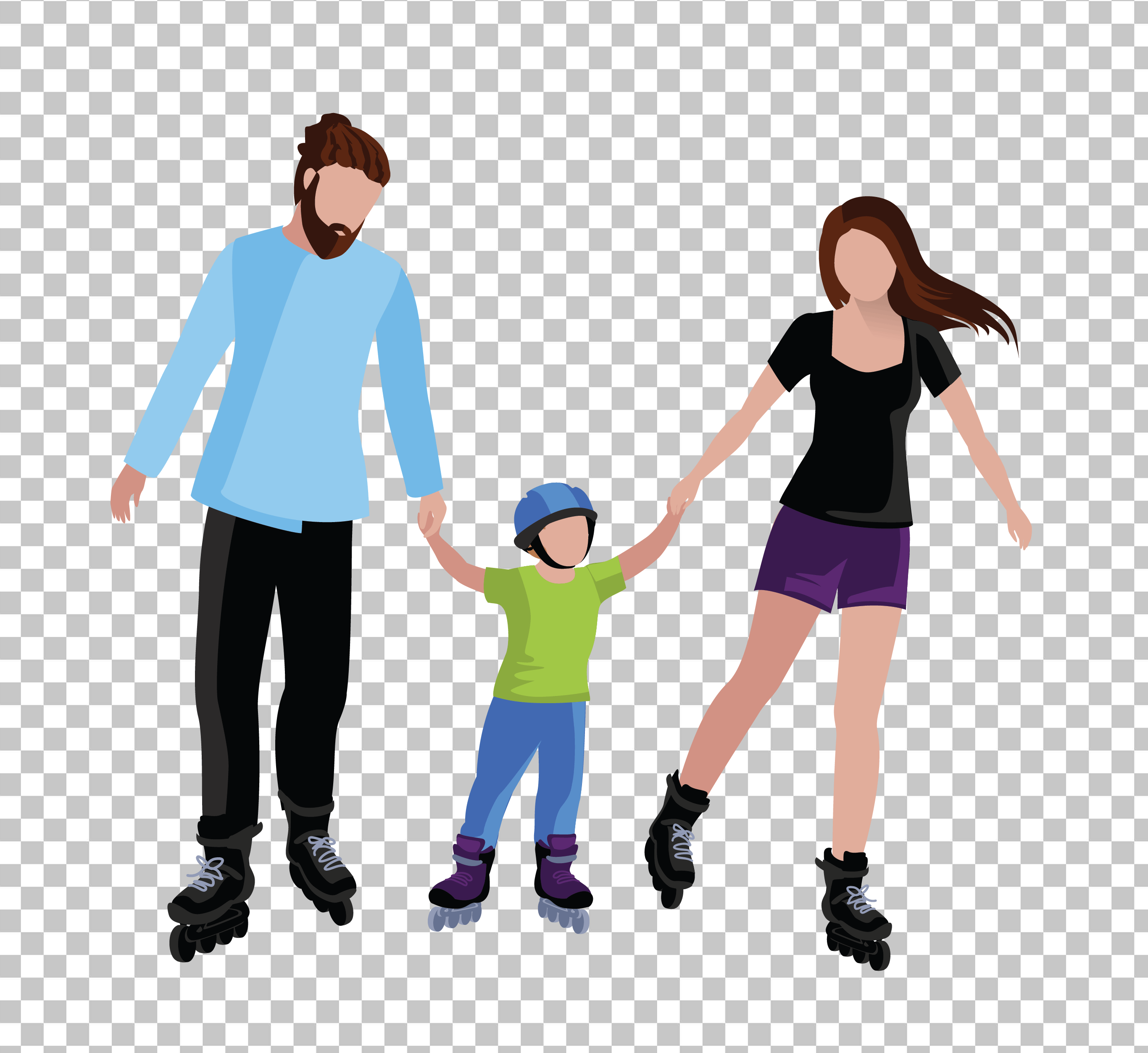 a man, a woman, and a child, all wearing roller skates.