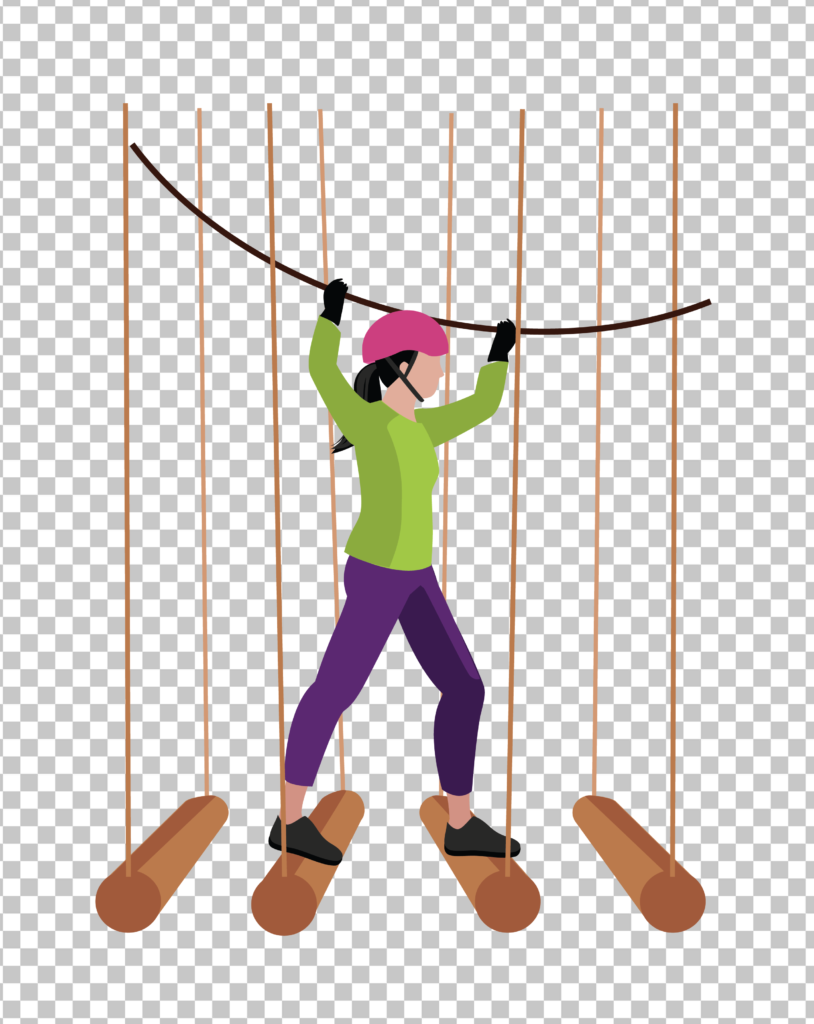 Silhouette of woman climbing ropes course.