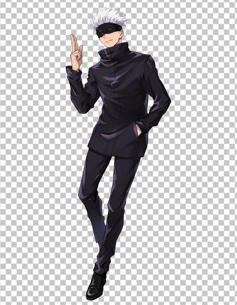 Gojo Satoru wearing a black suit and white hair, with his hands raised in a peace sign PNG Image.