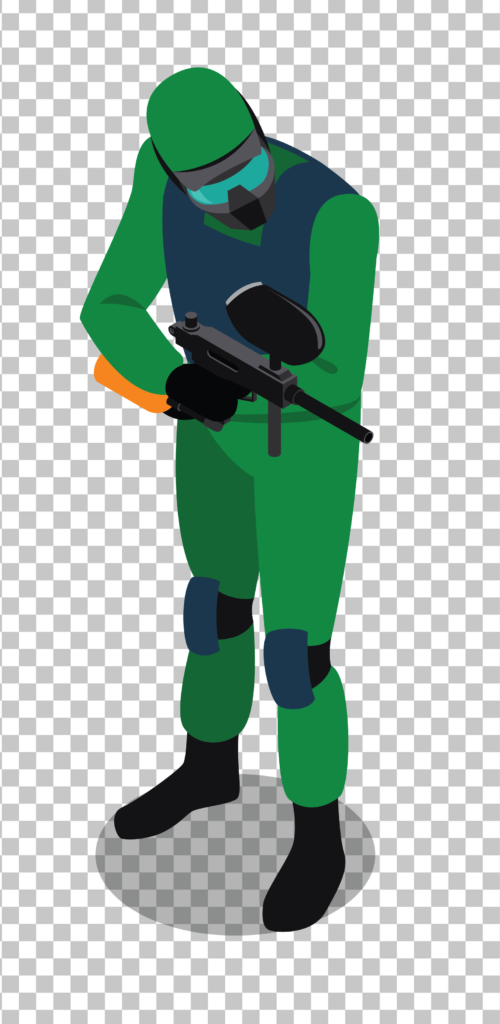 Man in green suit holding paintball gun.