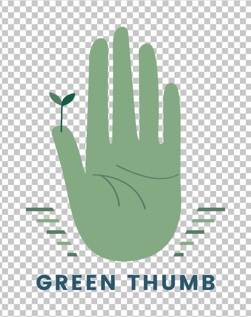 A green hand with a plant growing out of its thumb.