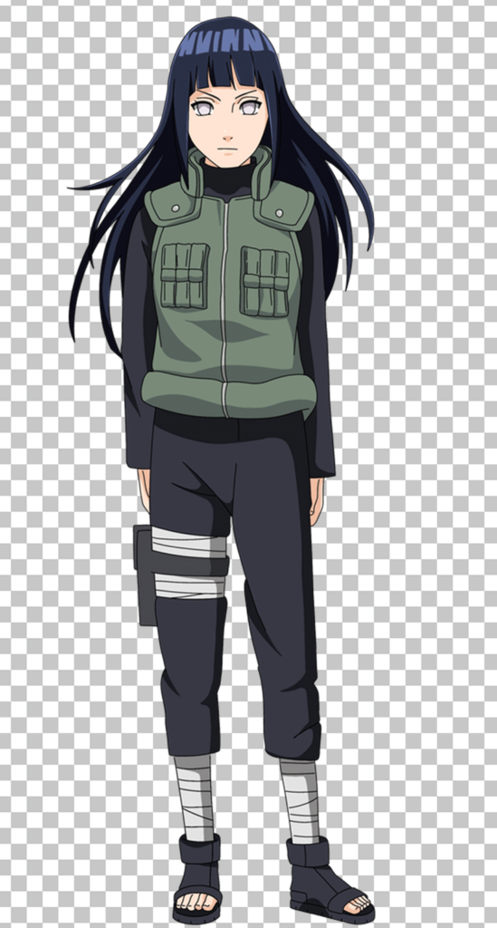 Hinata is wearing green vest and black pants.