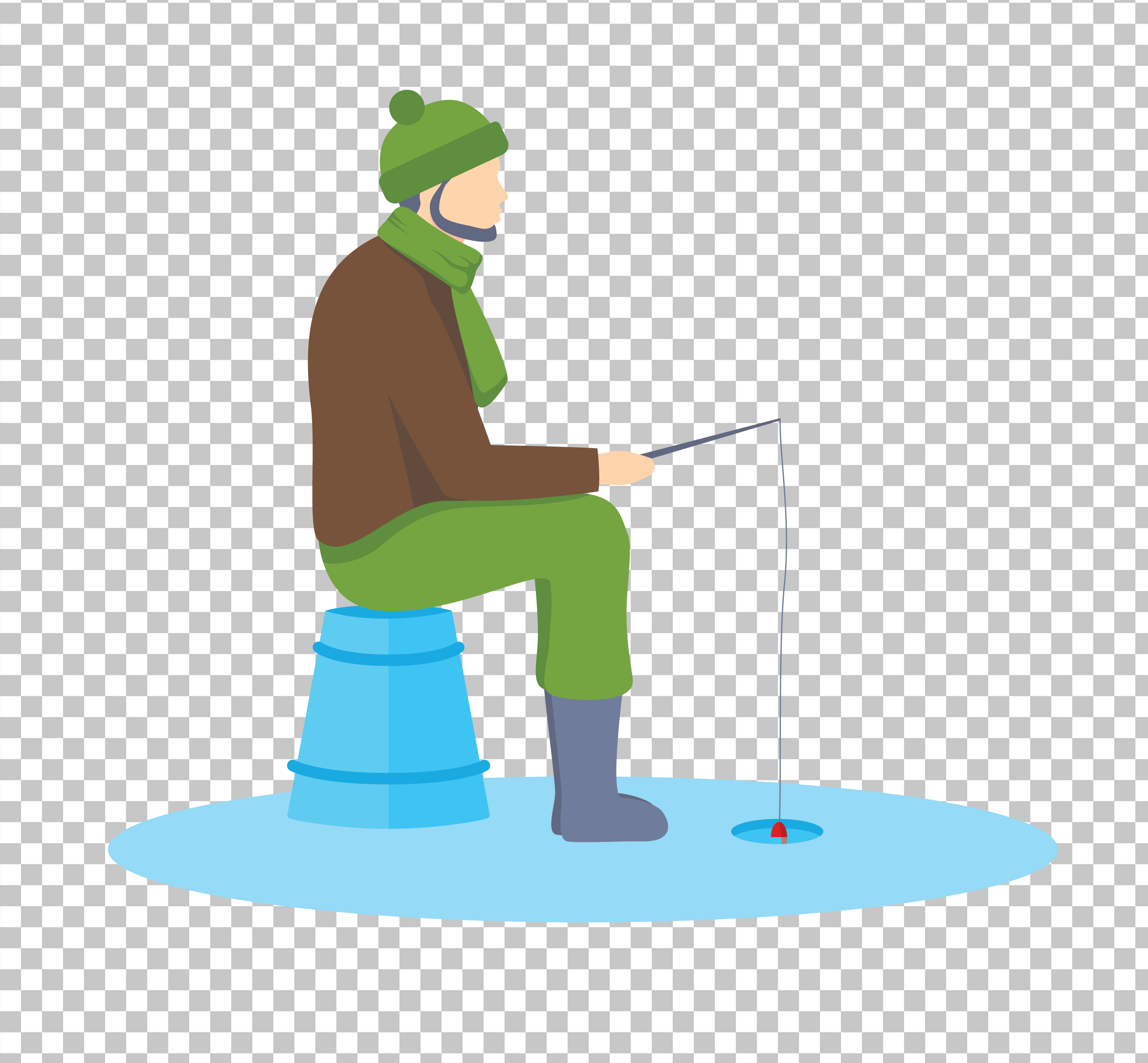 Cartoon of a man sitting on a bucket with a fishing rod.