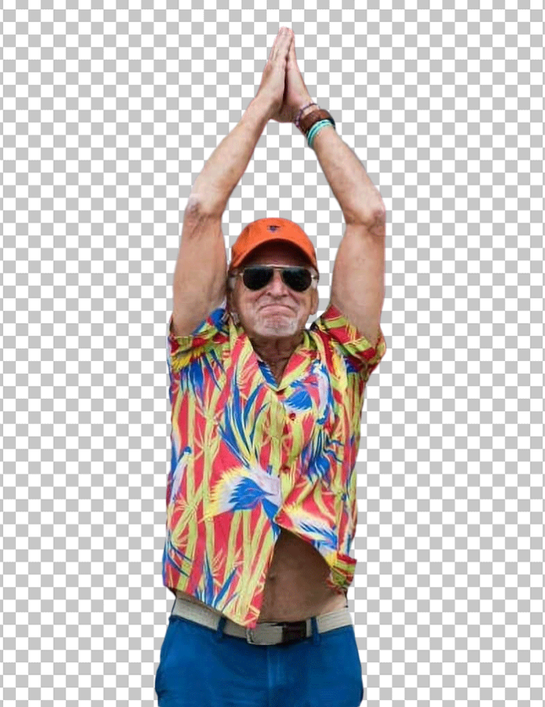 Jimmy Buffett Wearing Sunglasses and joining his hands with his arms raised in the air.