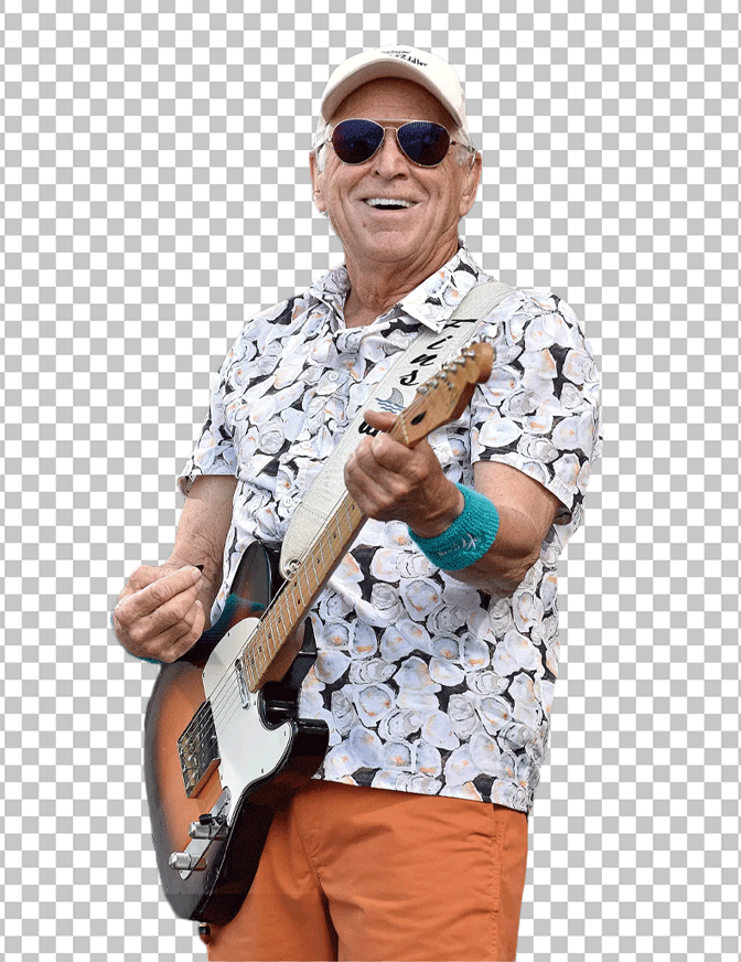 Jimmy Buffett playing guitar with smiling face.