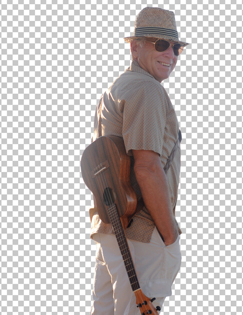 Jimmy Buffett wearing a white hat , carrying a guitar on his back.