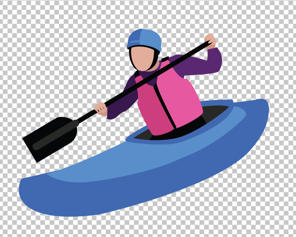 Silhouette of man rowing kayak on transparent background.