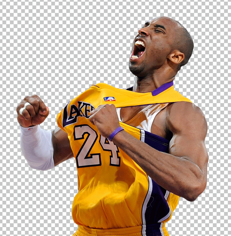 Kobe Bryant celebration in his iconic yellow Lakers jersey.