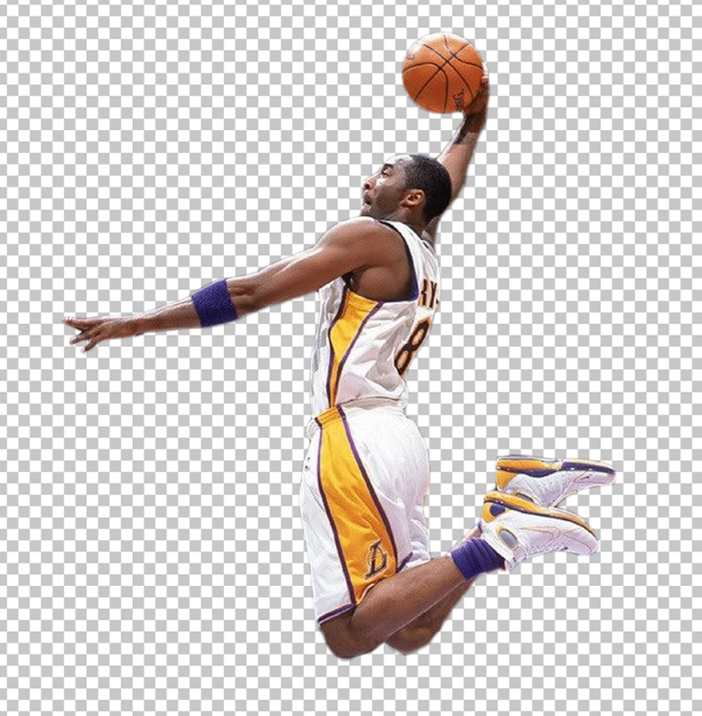 Kobe Bryant dunking the ball in the air.