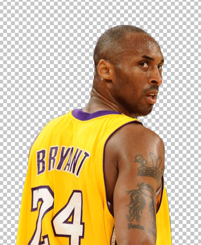 Kobe Bryant looking back and wearing Los Angeles Lakers jersey.