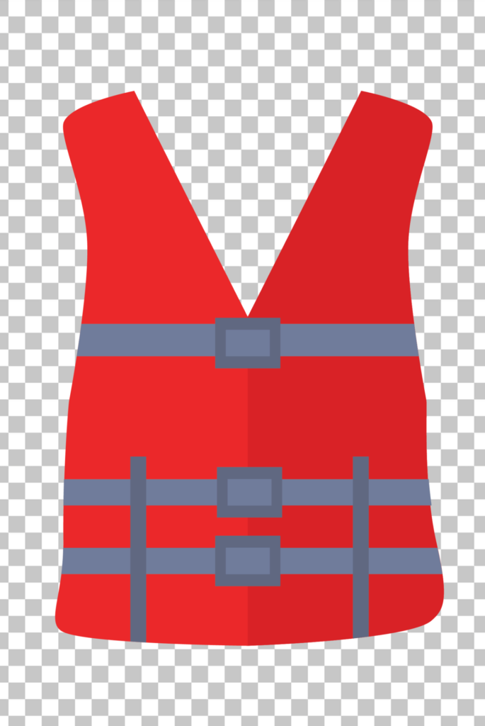 Red life jacket with blue belt on a transparent background.