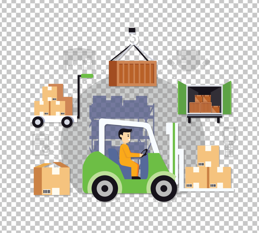 Man Driving Forklift in Warehouse and doing Loading and Unloading PNG Image