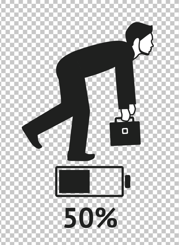 Man with 50% charge, carrying a briefcase on his back as he walks Silhouette PNG Image