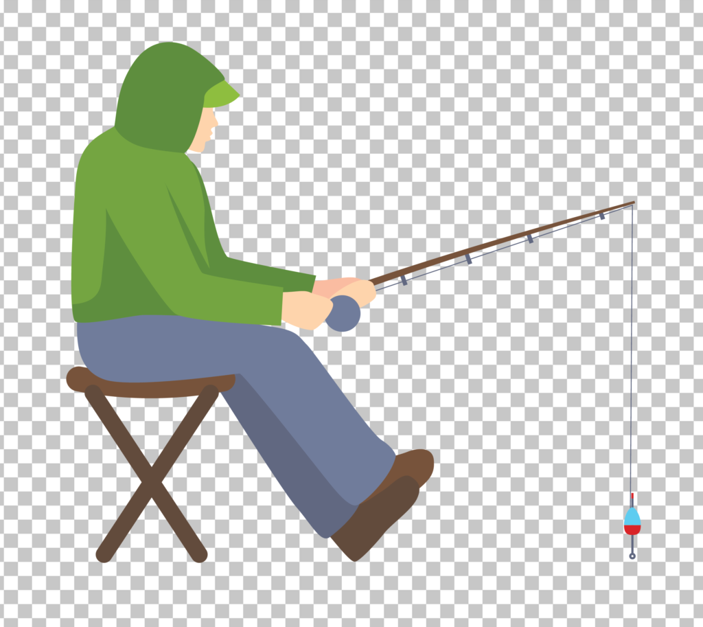 A man sitting on a stool and Fishing Clipart PNG Image.