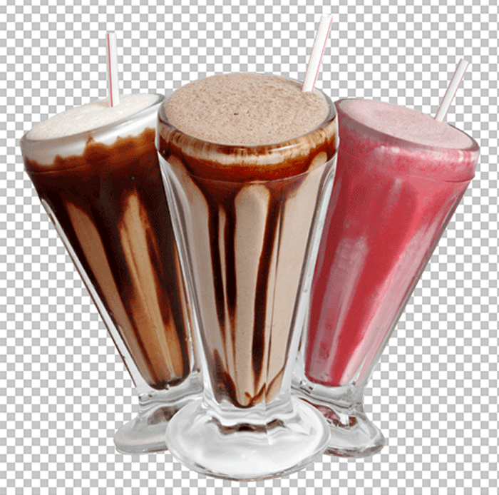 Three milkshakes with straws on a transparent background