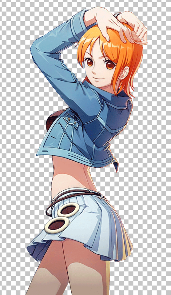 Nami with orange hair and blue eyes wearing a blue denim jacket and shorts PNG Image.