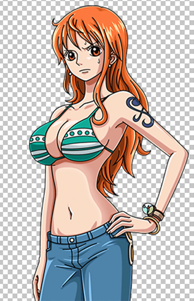 Nami sweating and wearing a bikini top and pants, with long orange hair PNG Image.