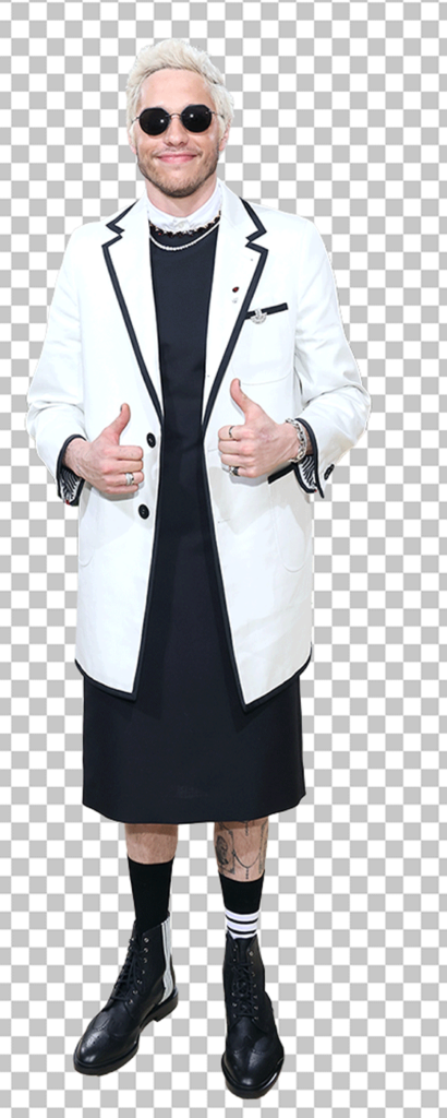 Pete Davidson in white suit with sunglasses PNG Image.
