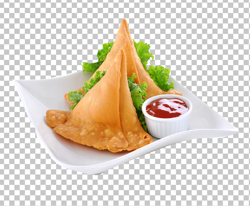 Samosas on a plate with ketchups PNG Image