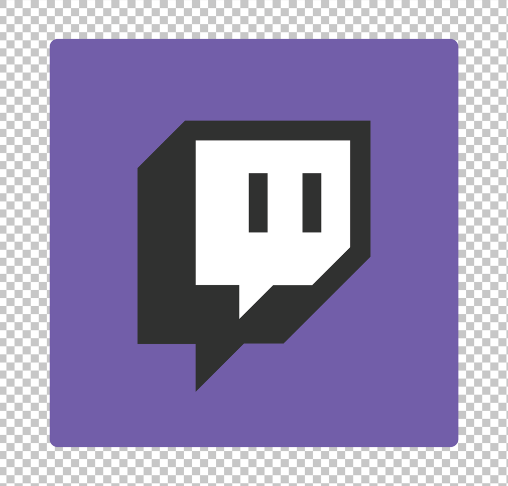 Twitch logo, black and white speech bubble on purple background,