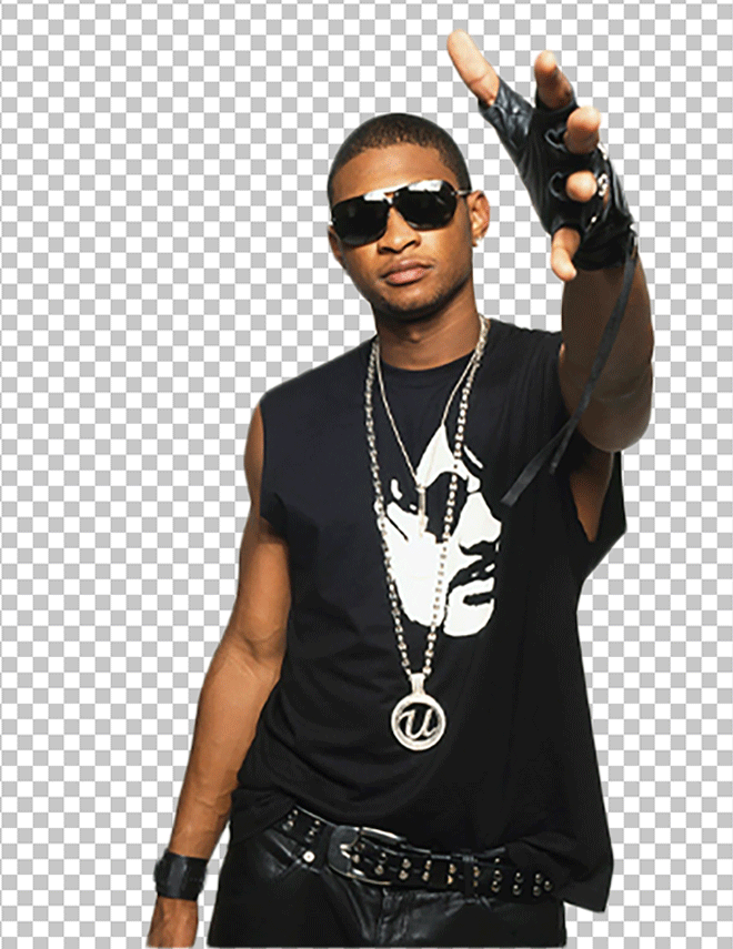 Usher Wearing Sunglasses, a black shirt, and black pants PNG Image