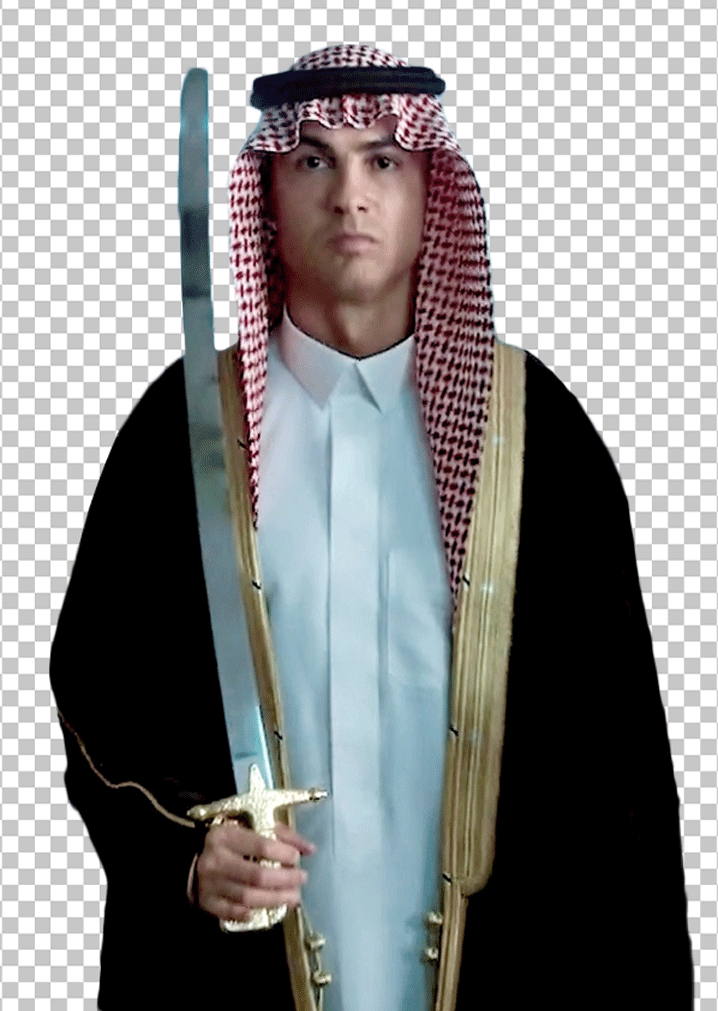 Cristiano Ronaldo wears traditional Saudi dress and holding sword PNG Image