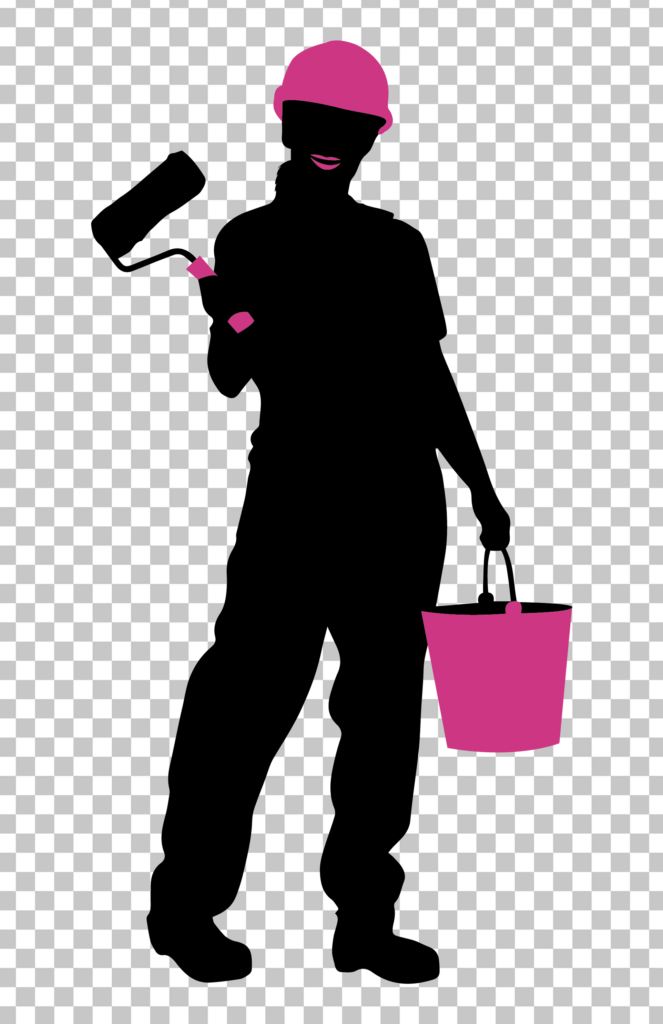 Silhouette of Women Painter holding Pink paint bucket and paint roller.