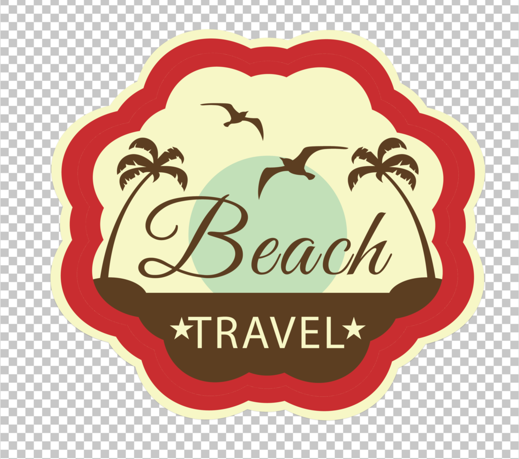 Beach Travel Sticker with palm trees and seagulls PNG Image.