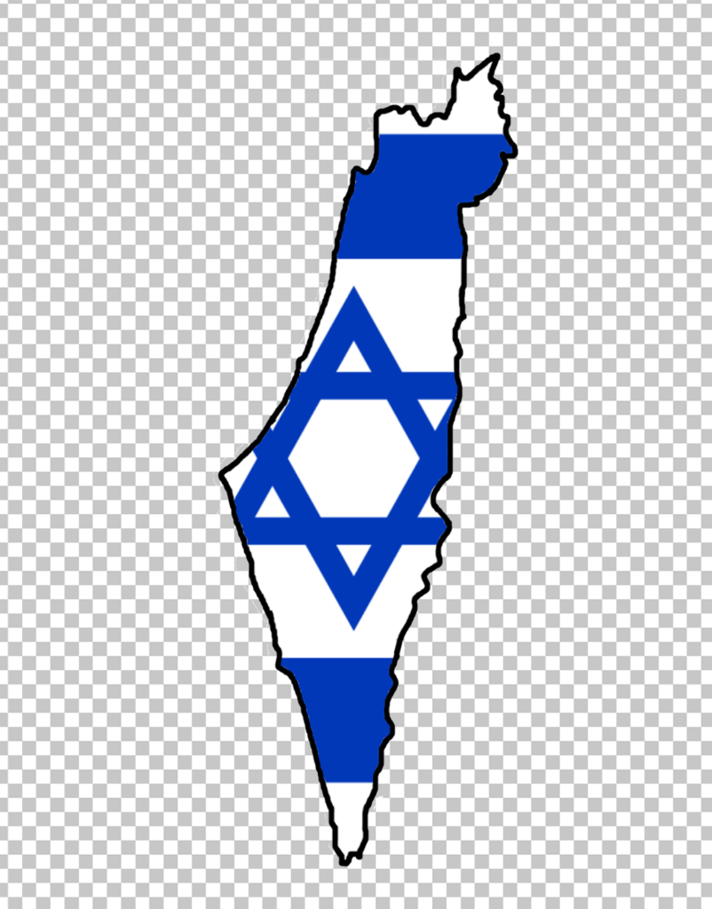 A map of Israel with the flag of Israel in the top left corner, on a transparent background.