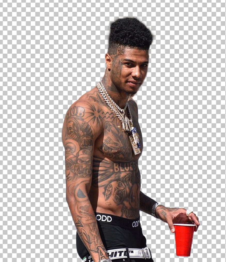 Blueface Shirtless and holding a red cup.