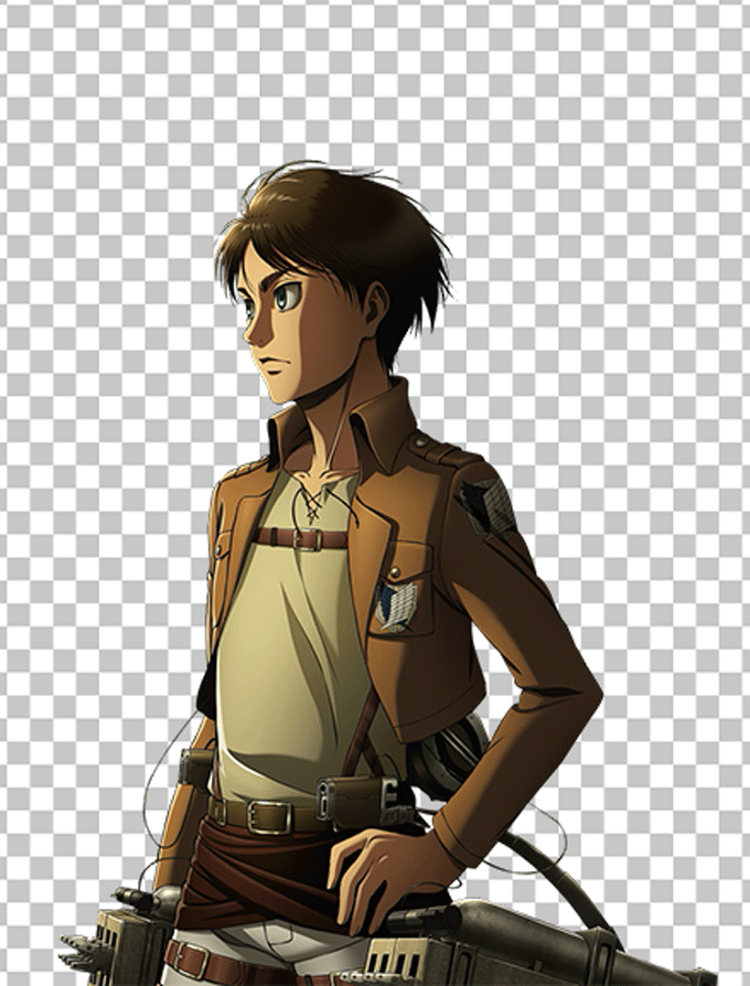 Eren Yeager looking to his side and standing in a relaxed pose, holding a gun at his waist.