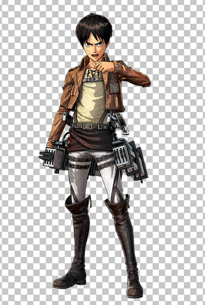 Eren yeager Standing in a brown jacket and holding a gun.