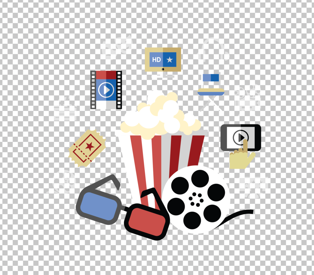 A bucket of popcorn, a film reel, 3D glasses, and a movie ticket on a transparent background.