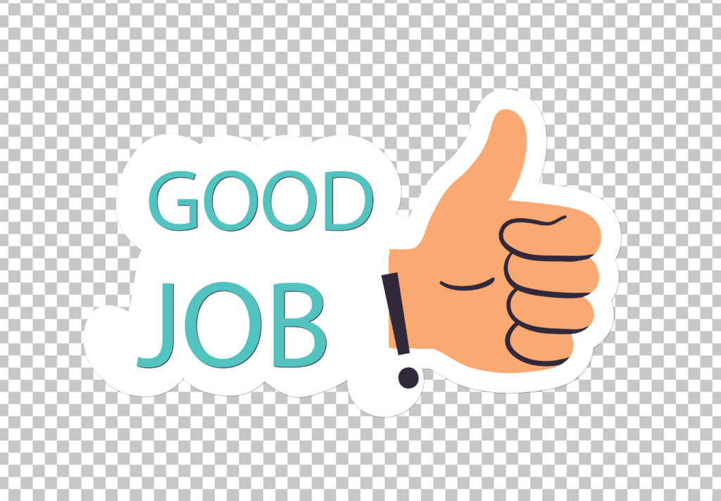 Thumbs up sticker with the words "good job!" on a transparent background.