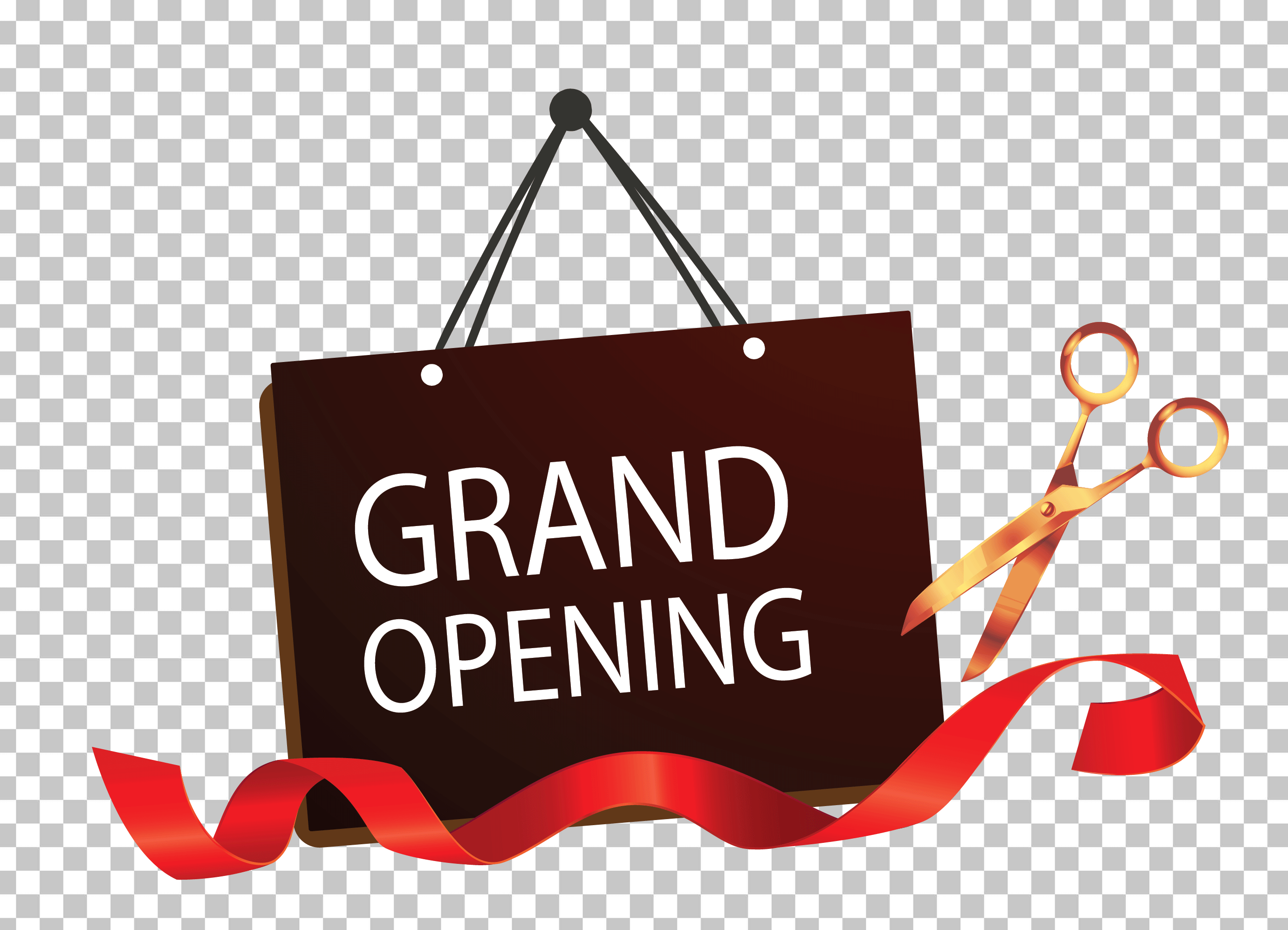 A grand opening sign with a red ribbon and scissors on a transparent background.