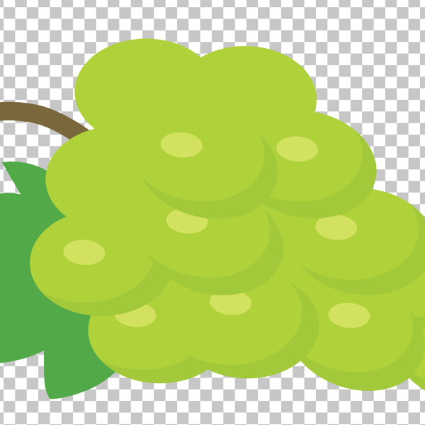 A bunch of green grapes with leaves on a transparent background.