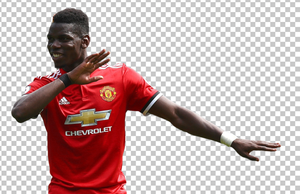 Paul Pogba is doing a dab in the Manchester United jersey.