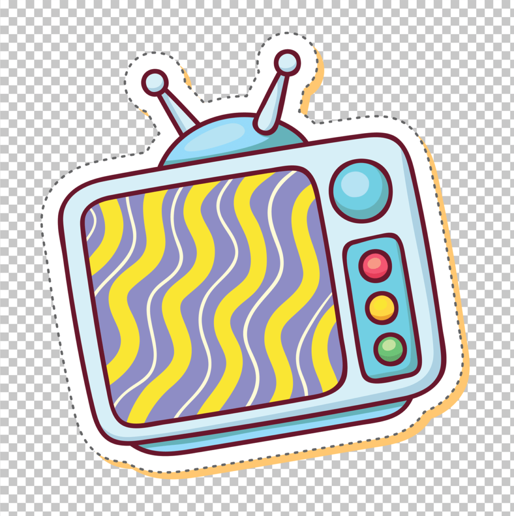 Cartoon TV sticker with purple and yellow static pattern on transparent background.