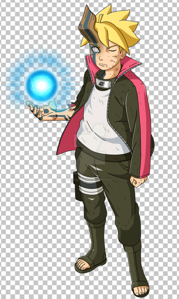 Boruto Naruto Next Generations Boruto Uzumaki with short spiky brown hair and blue eyes is holding a blue ball in his hand.