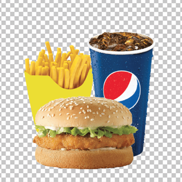 Chicken Sandwich, French Fries, and Pepsi PNG Image